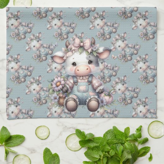 Schattigee Pastel Baby Koe in Overalls met Bloemen Theedoek (Gevouwen)