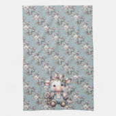 Schattigee Pastel Baby Koe in Overalls met Bloemen Theedoek (Verticaal)