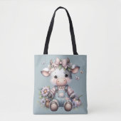 Schattigee Pastel Baby Koe in Overalls met Bloemen Tote Bag (Voorkant)