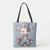 Schattigee Pastel Baby Koe in Overalls met Bloemen Tote Bag (Achterkant)
