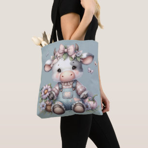 Schattigee Pastel Baby Koe in Overalls met Bloemen Tote Bag