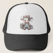 Schattigee Pastel Baby Koe in Overalls met Bloemen Trucker Pet (Voorkant)