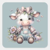 Schattigee Pastel Baby Koe in Overalls met Bloemen Vierkante Sticker (Voorkant)
