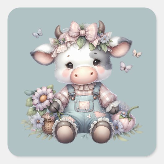 Schattigee Pastel Baby Koe in Overalls met Bloemen Vierkante Sticker (Voorkant)