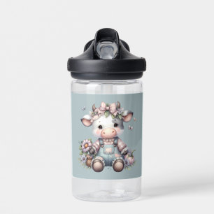 Schattigee Pastel Baby Koe in Overalls met Bloemen Waterfles