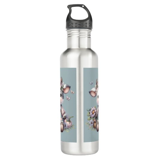 Schattigee Pastel Baby Koe in Overalls met Bloemen Waterfles (Achterkant)