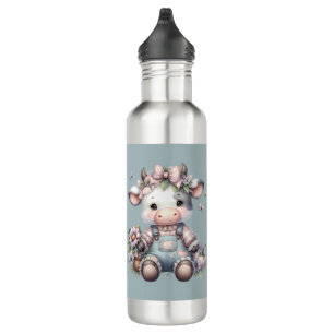 Schattigee Pastel Baby Koe in Overalls met Bloemen Waterfles