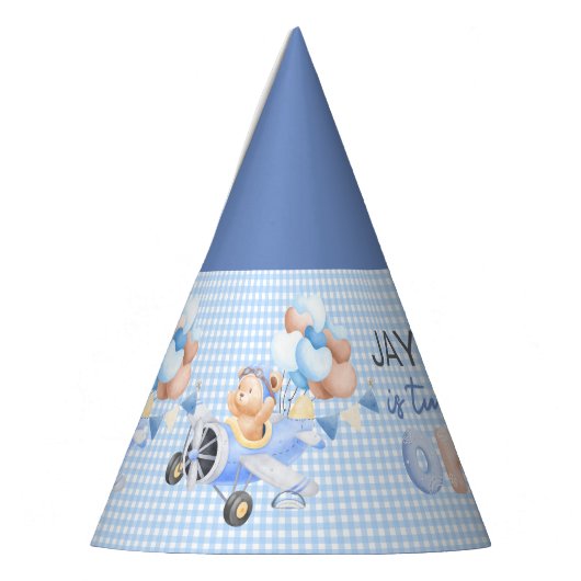 Schattigee pastel blauw bruin Baby Beer draaien ee Feesthoedjes (Links)