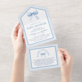 Schattigee Pastel Blue Coquette Bow Baby shower All In One Uitnodiging (Afscheurbaar)