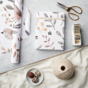 Schattigee Pastel Blush Grijs Tan Boho Bird Leaves Cadeaupapier