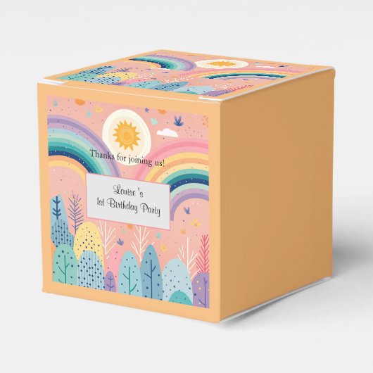 Schattigee Pastel Boho Regenboog & Zon Boven Bos Bedankdoosjes (Voorkant Zijde)