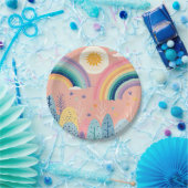 Schattigee Pastel Boho Regenboog & Zon Boven Bos Papieren Bordje (Feest)