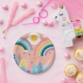 Schattigee Pastel Boho Regenboog & Zon Boven Bos Papieren Bordje (Feest)