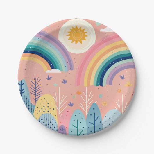 Schattigee Pastel Boho Regenboog & Zon Boven Bos Papieren Bordje (Voorkant)