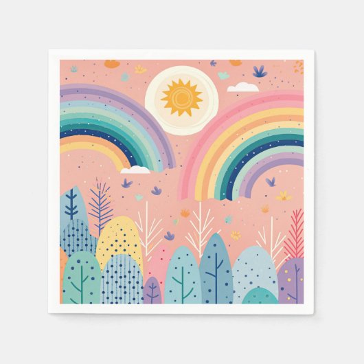 Schattigee Pastel Boho Regenboog & Zon Boven Bos Servet (Voorkant)