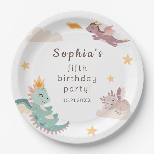 Schattigee Pastel Dragon Kids verjaardagsfeestje Papieren Bordje (Voorkant)