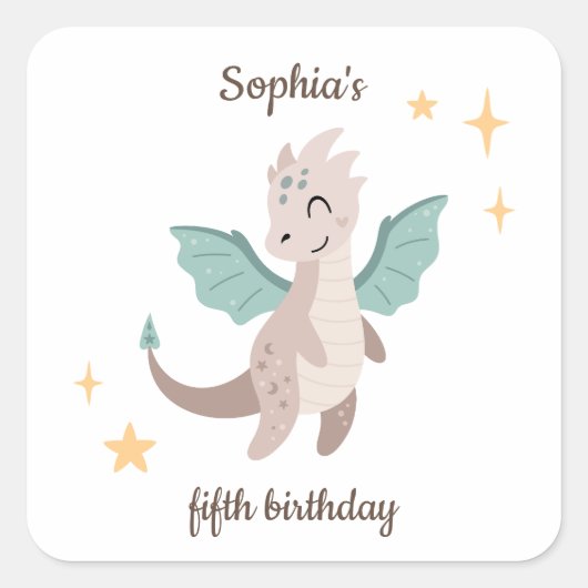 Schattigee Pastel Dragons Kids Verjaardag Vierkante Sticker (Voorkant)