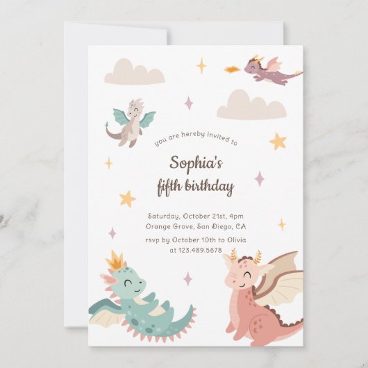 Schattigee Pastel Dragons Kids Verjaardagsfeest Kaart (Voorkant)