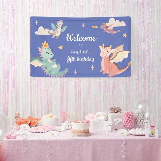 Schattigee Pastel Dragons Kids Verjaardagsfeest Spandoek (Feest)
