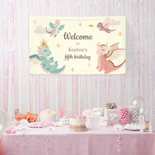 Schattigee Pastel Dragons Kids Verjaardagsfeest Spandoek (Feest)