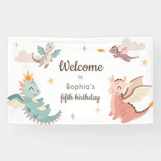 Schattigee Pastel Dragons Kids Verjaardagsfeest Spandoek (Horizontaal)
