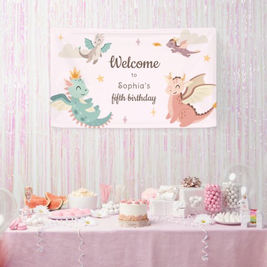 Schattigee Pastel Dragons Kids Verjaardagsfeest Spandoek (Feest)