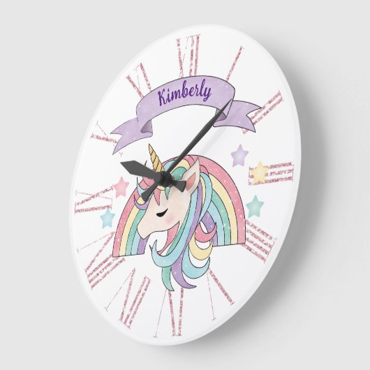 Schattigee Pastel Eenhoorn & Sparkly Rainbow Aange Grote Klok (Hoek)