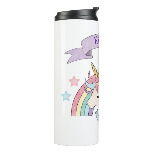 Schattigee Pastel Eenhoorn & Sparkly Rainbow Aange Thermosbeker (Gedraaid links)