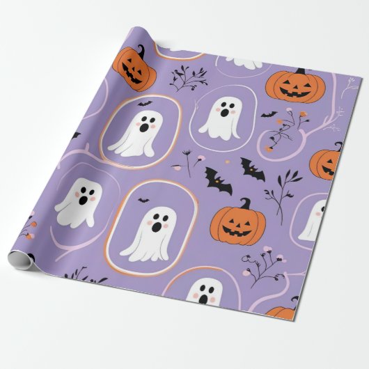 Schattigee Pastel Ghost & Pumpkin Halloween Cadeaupapier (Uitgerold)
