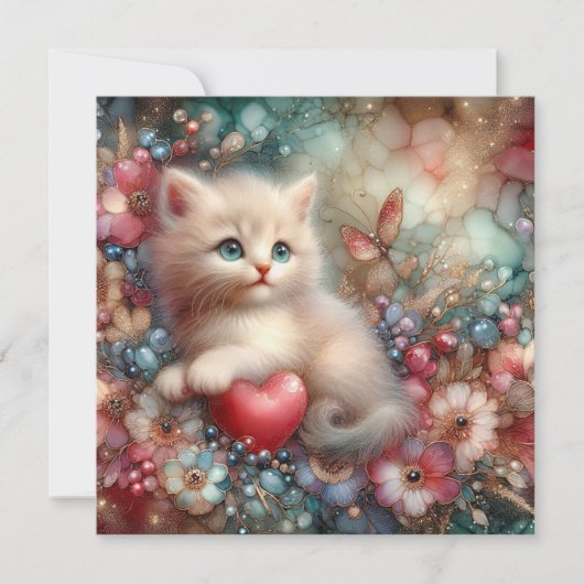 Schattigee Pastel Glitter Flowers en Kitten Valent Feestdagenkaart (Voorkant)