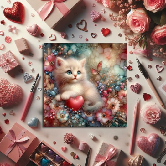 Schattigee Pastel Glitter Flowers en Kitten Valent Feestdagenkaart