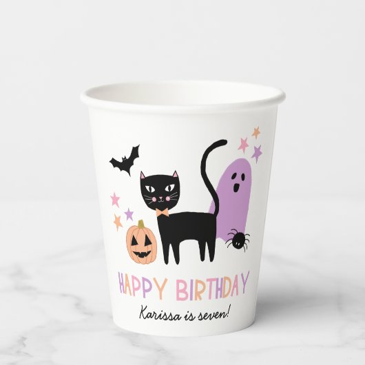 Schattigee pastel halloween kat spook pompoen naam papieren bekers (Achterkant)