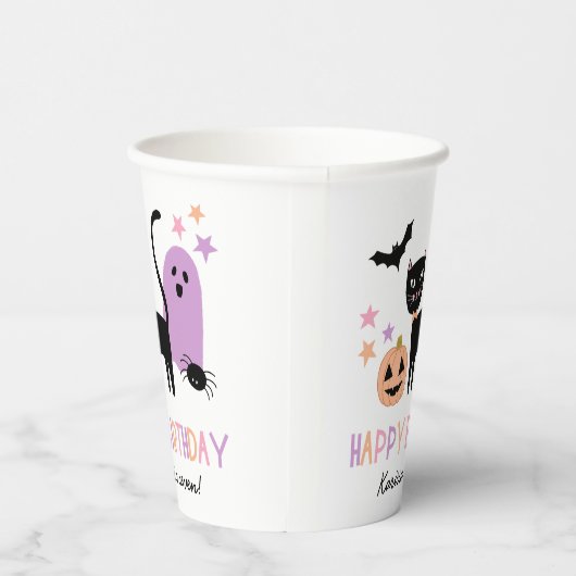 Schattigee pastel halloween kat spook pompoen naam papieren bekers (Rechts)