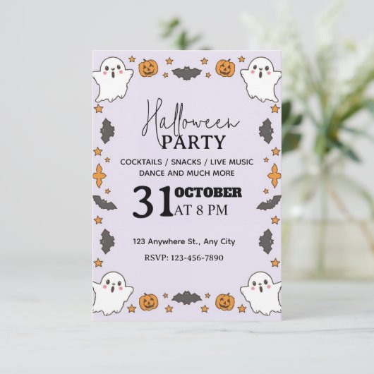Schattigee Pastel Halloween Party Invitation – Bew Kaart (Staand voorkant)