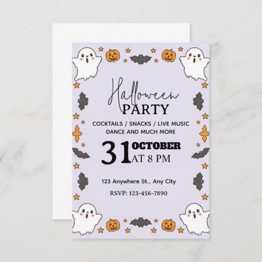 Schattigee Pastel Halloween Party Invitation – Bew Kaart (Voorkant / Achterkant)