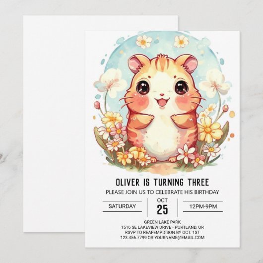 Schattigee pastel hamster verjaardag kaart (Voorkant / Achterkant)