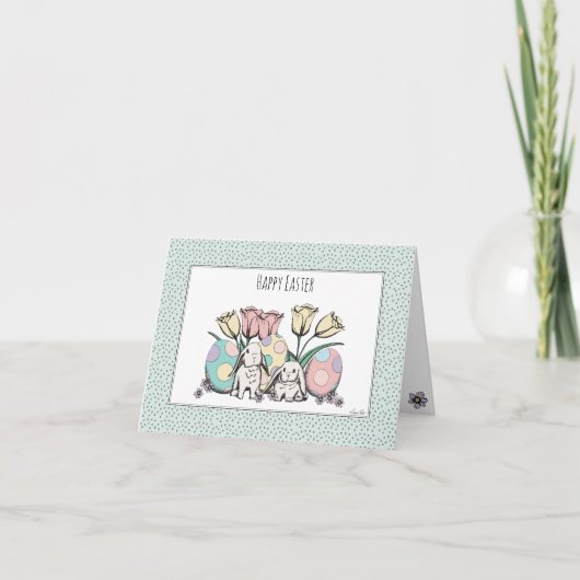 Schattigee pastel Happy Easter Bunnies & Eggs Kind Kaart (Voorkant)