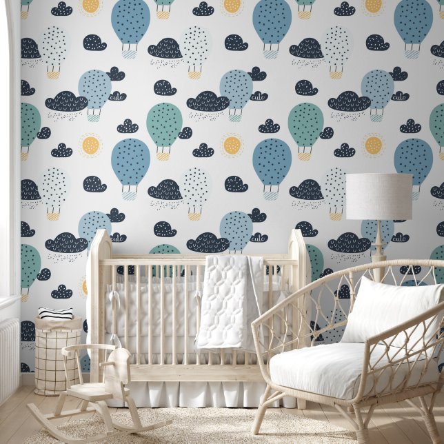 Schattigee pastel heteluchtballon in wolken jongen behang (Kinderen)
