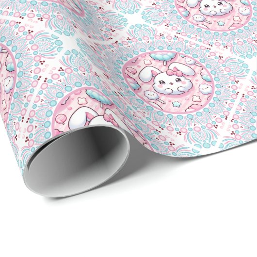 Schattigee Pastel Kawaii Bunny Dot Mandala Diamond Cadeaupapier (Rol Hoek)