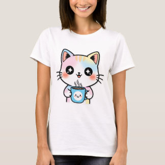 Schattigee Pastel Kawaii Kat met Koffie Mok Sticke T-shirt