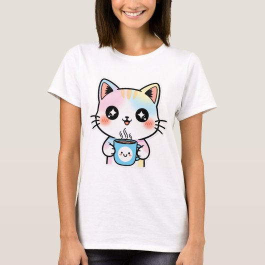Schattigee Pastel Kawaii Kat met Koffie Mok Sticke T-shirt (Voorkant)