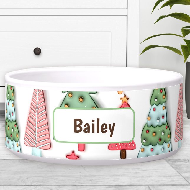 Schattigee pastel kerstboom aangepaste naam hond h voerbakje (Cute Pastel Christmas Tree Custom Name Dog Pet Bowl)