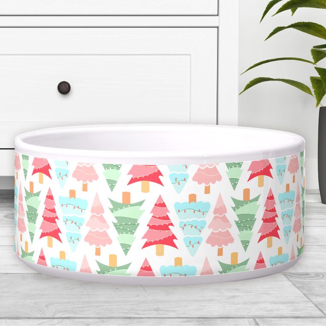 Schattigee Pastel Kerstboom Patroon Hond Pet Voerbakje (Cute Pastel Christmas Tree Pattern Dog Pet Bowl)
