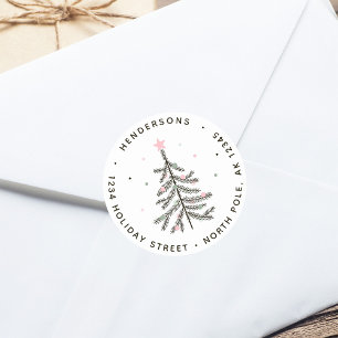 Schattigee pastel kerstboom retouradres ronde sticker