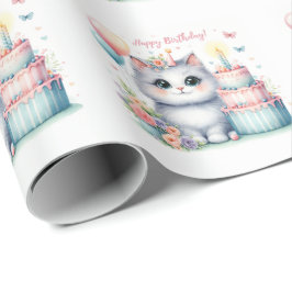 Schattigee Pastel Kitten Verjaardagstaart - Verjaa Cadeaupapier