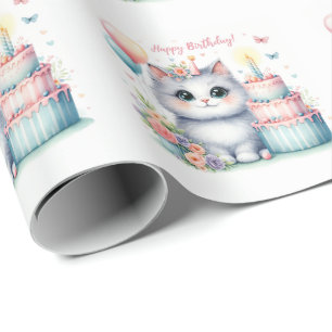 Schattigee Pastel Kitten Verjaardagstaart - Verjaa Cadeaupapier