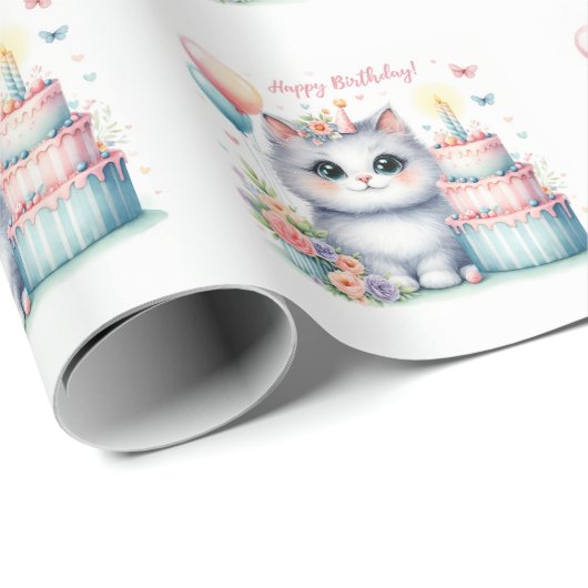 Schattigee Pastel Kitten Verjaardagstaart - Verjaa Cadeaupapier (Rol Hoek)