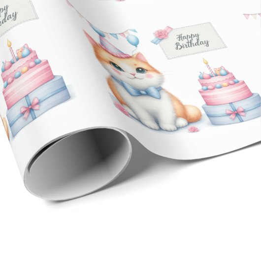 Schattigee Pastel Kitten Verjaardagstaart - Verjaa Cadeaupapier (Rol Hoek)