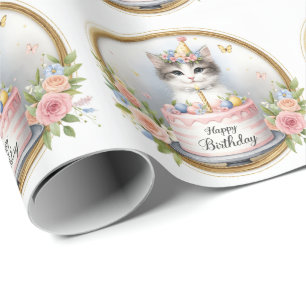 Schattigee Pastel Kitten Verjaardagstaart - Verjaa Cadeaupapier