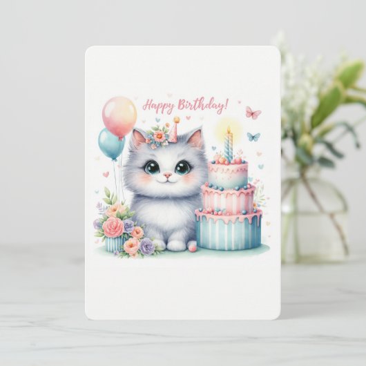 Schattigee Pastel Kitten Verjaardagstaart - Verjaa Feestdagenkaart (Staand voorkant)